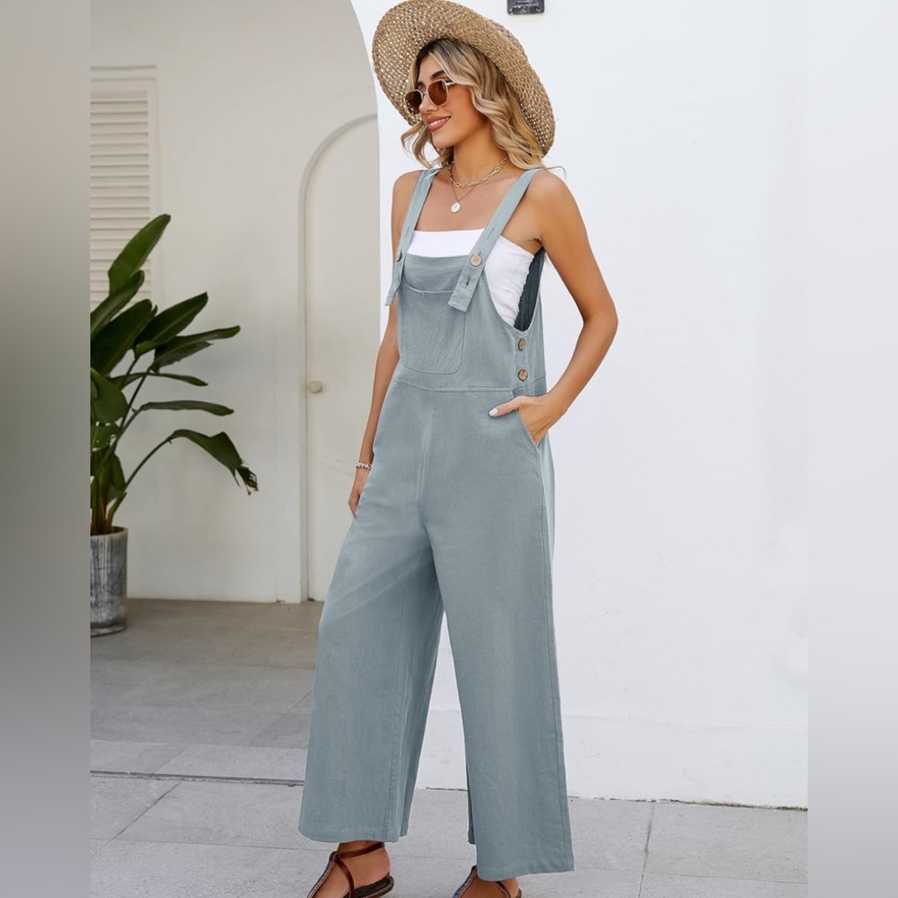 Women’s Bluish Gray Casual Loose Fit Wide Leg Jumpsuit With Adjustable Straps - Picture 3 of 11